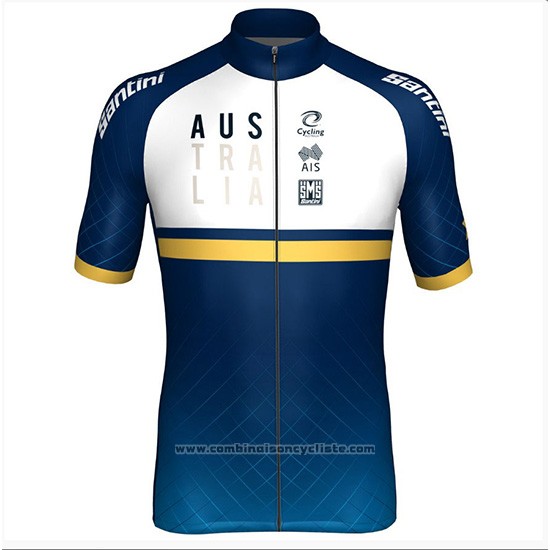 2018 Maillot Cyclisme Australie Blanc et Bleu Manches Courtes et Cuissard
